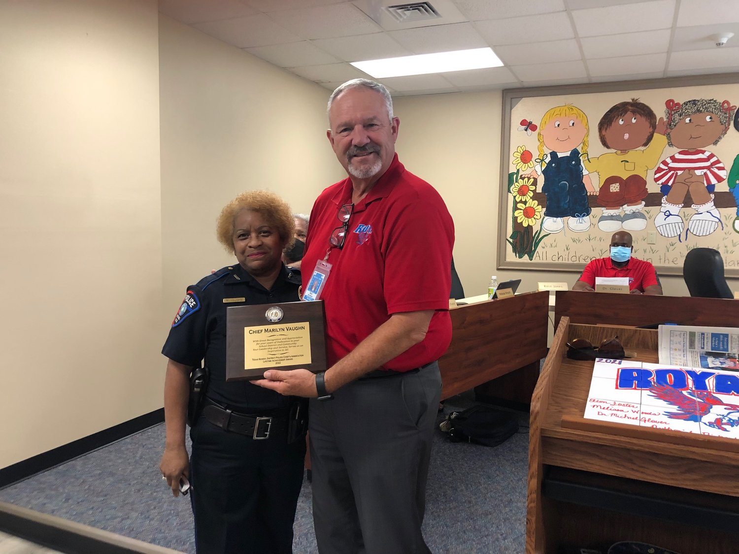 Royal ISD Police Chief Marilyn Vaughn received with the Lifetime Achievement Award at the 2022 Texas School District Police Chiefs Association Conference in San Antonio. The award was presented by Chief Solomon Cook, association president. Here she is pictured with Royal ISD Superintendent Rick Kershner.